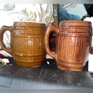 Two Antique 1920s McCoy Pottery Brown Glazed Barrel Mugs